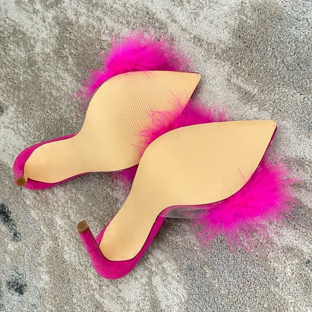Women faux Feather Slippers Sandals pump High heels Slides Mules Size 6